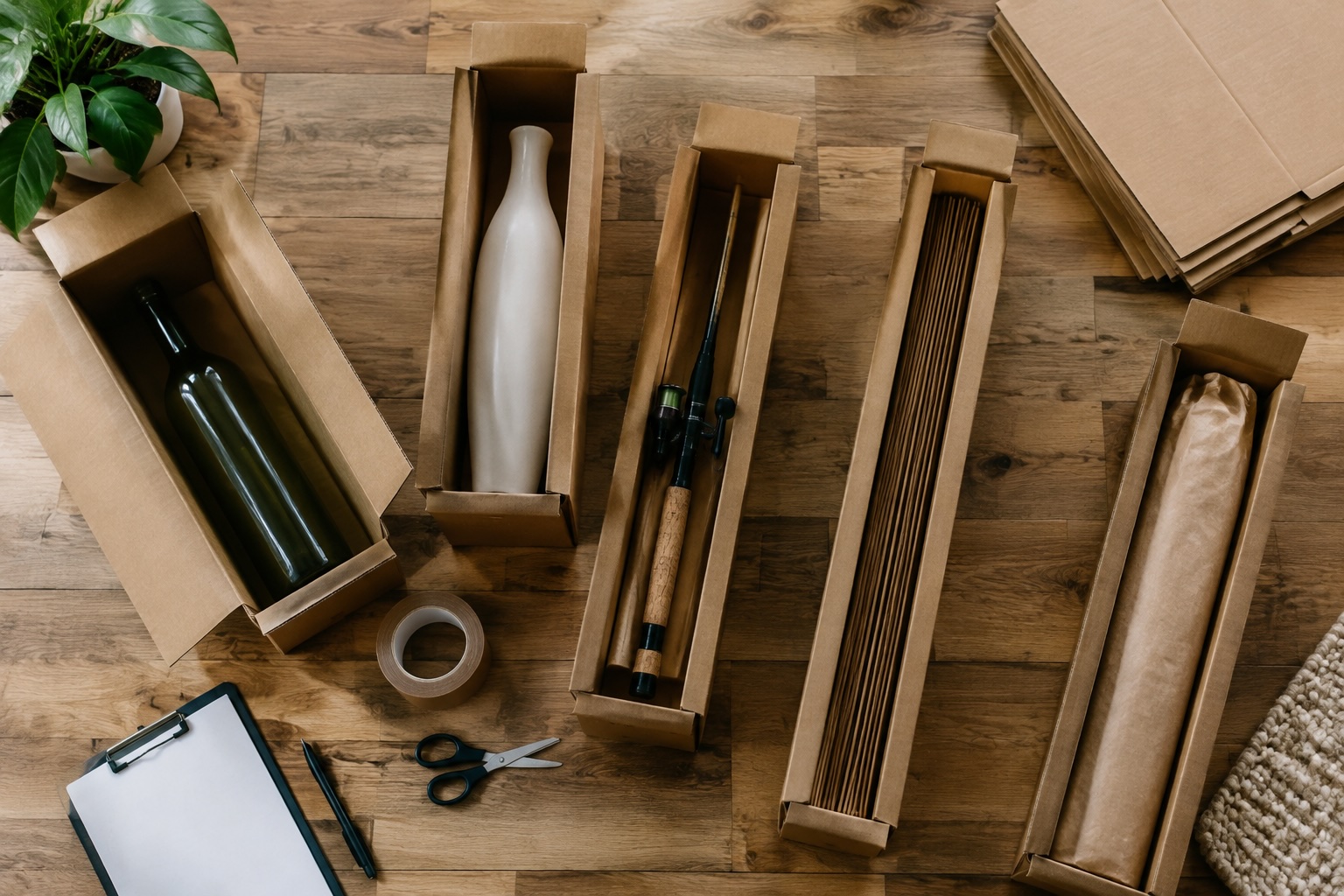 7 cardboard boxes for shipping tall items like bottles vases and fishing rods